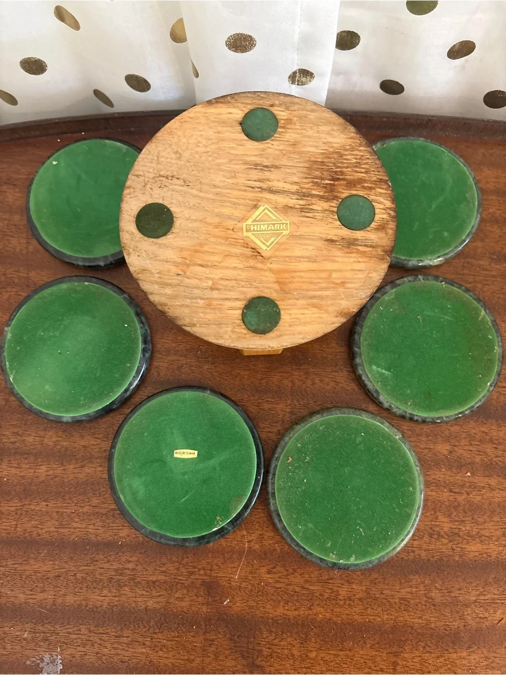 Vintage Himark Green Marble Stone Coaster Set with Wooden Holder